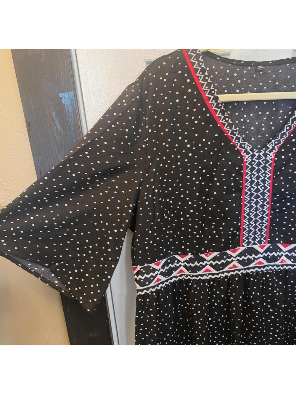 Shein Women's Black Polka Dot Maxi Dress with Geometric Trim 2XL - Picture 3 of 9